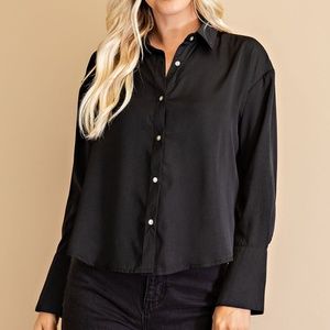 Black Button Front Shirt with Cuffed Bell Sleeves